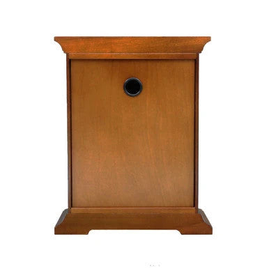 A small wooden birdhouse with a warm brown finish and a circular black entrance hole, shown against a plain white background.