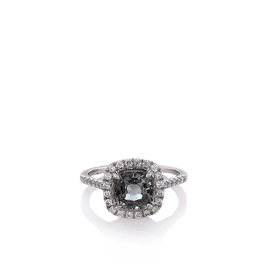 14k White Gold Cushion Alexandrite Center and Diamond Halo Ring