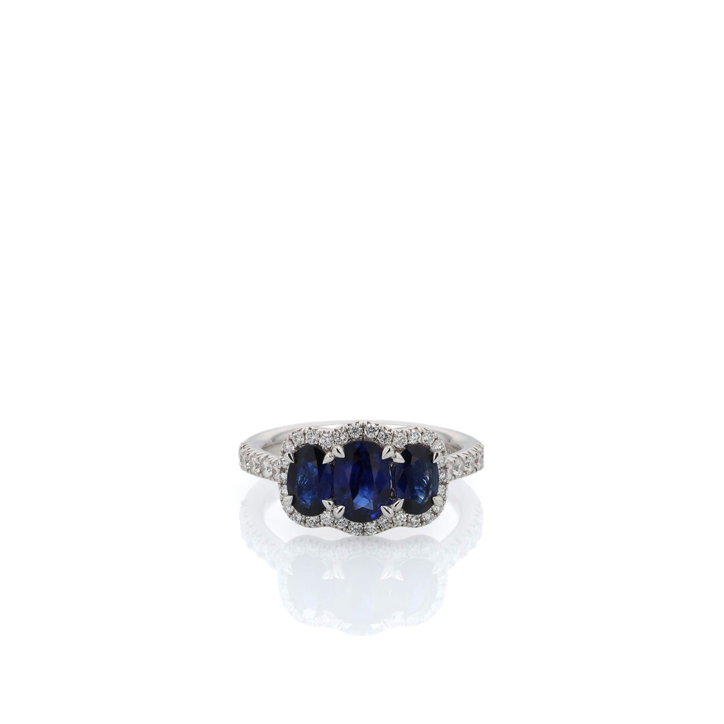 18k White Gold Sapphire and Diamond Three Across Halo Ring