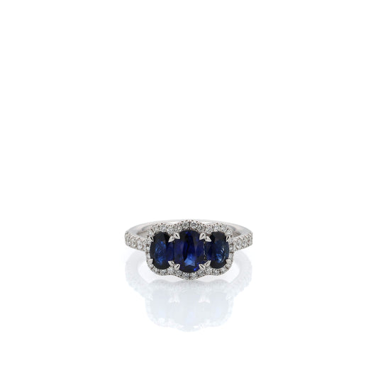 18k White Gold Sapphire and Diamond Three Across Halo Ring