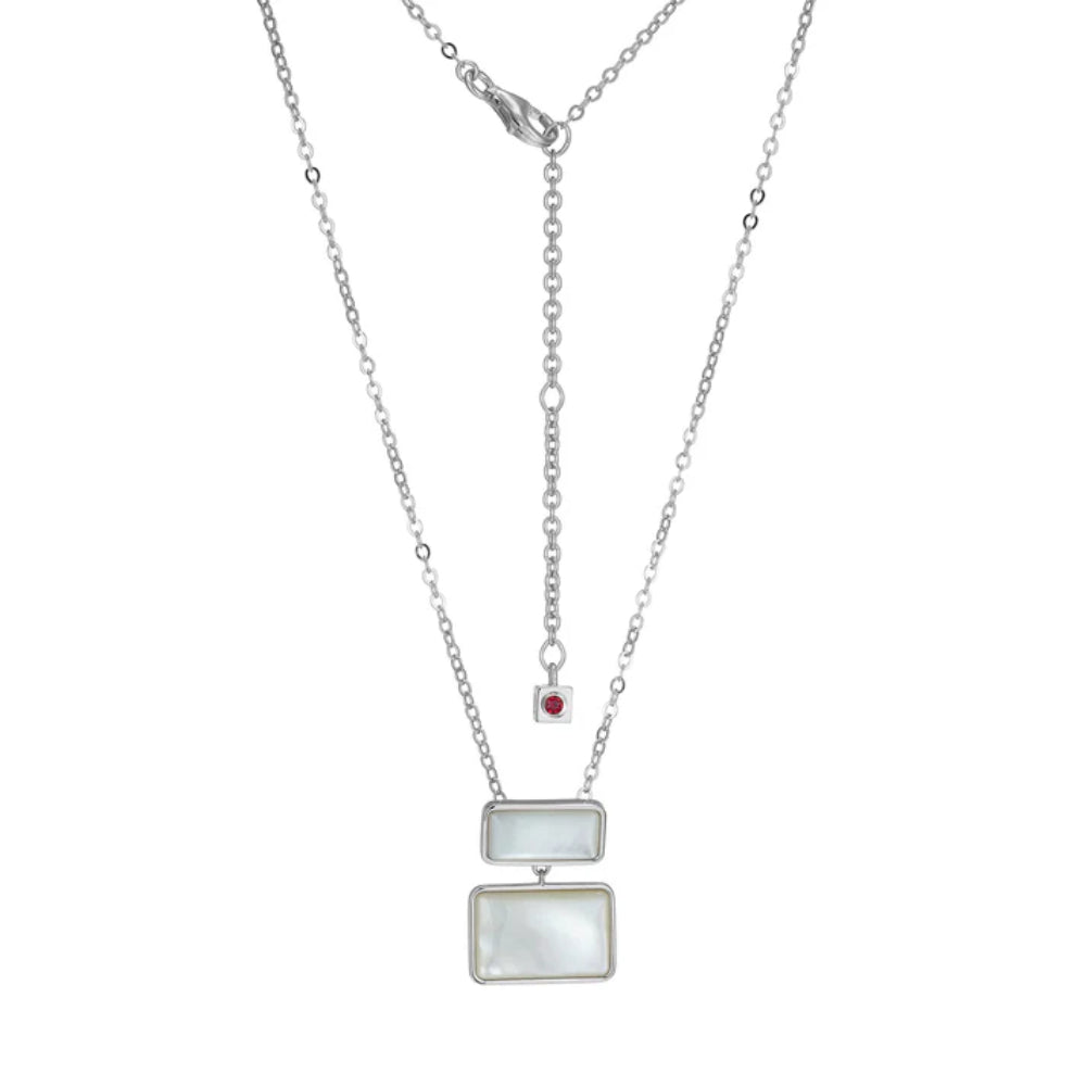 Sterling Silver with Rhodium plating with cascading rectangular stations, each with inlaid geometric designs of White Mother of Pearl 