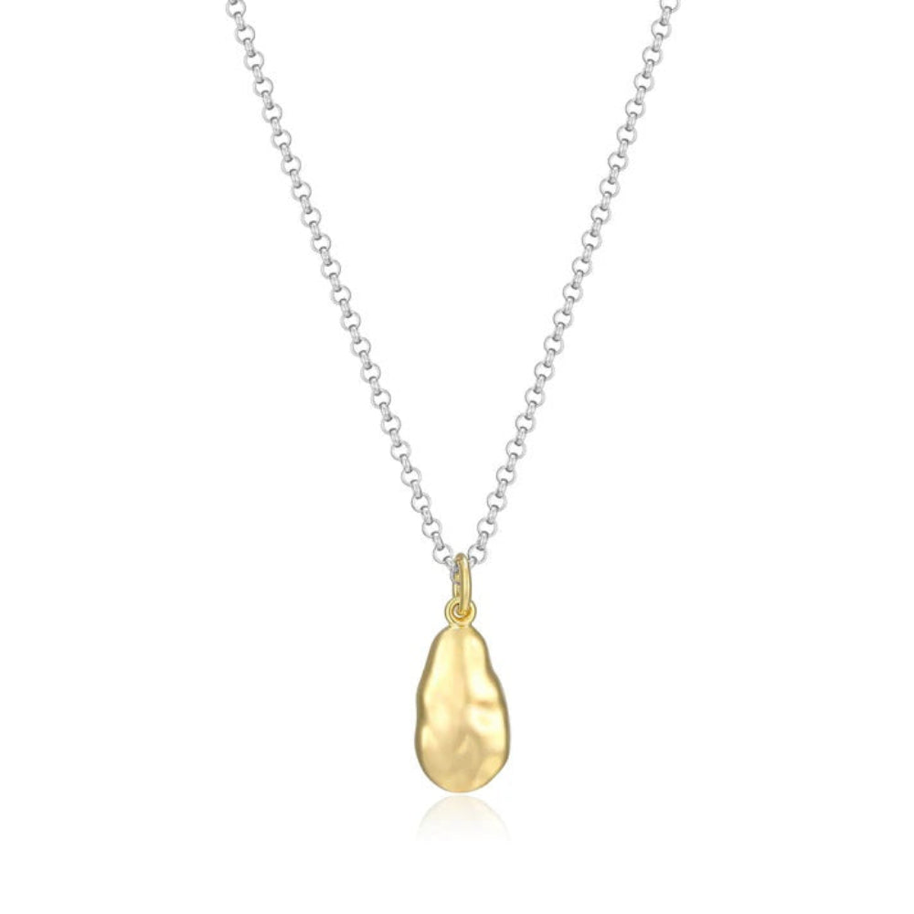 A delicate silver chain necklace with a textured gold teardrop pendant, 