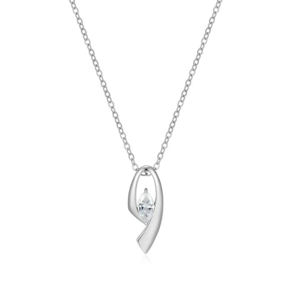 A silver necklace with a curved, stylized pendant featuring a small clear marquise-cut gemstone