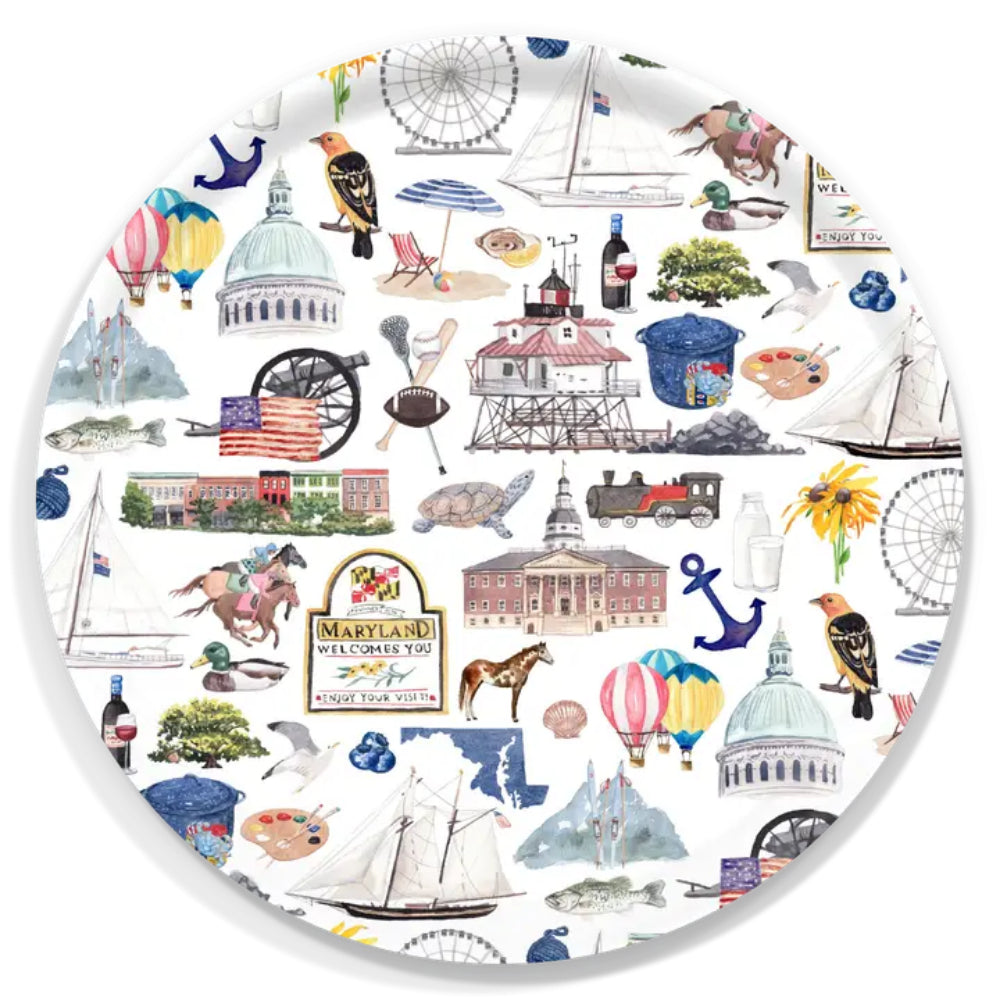 A round Maryland serving tray on a white background. 