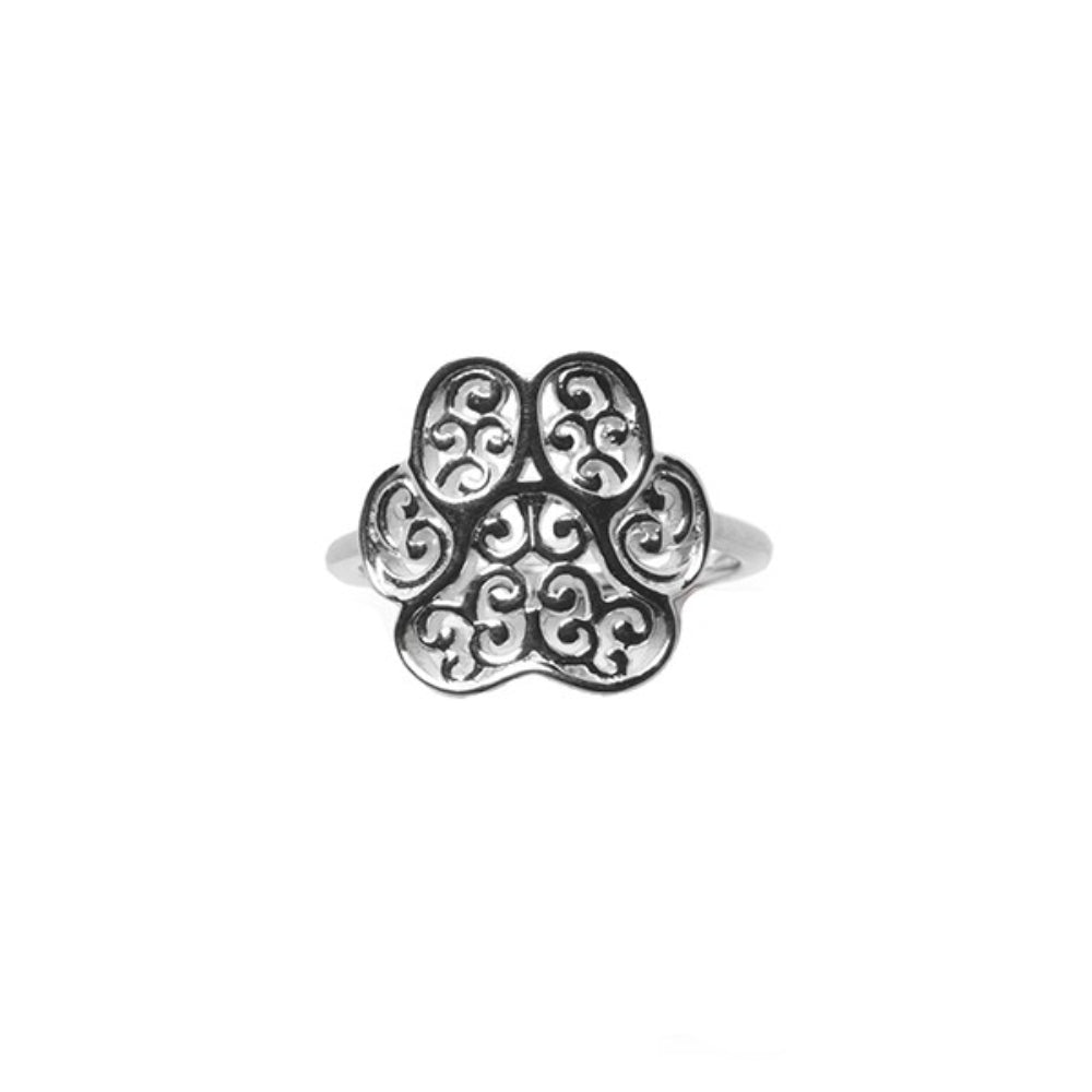 Silver filigree open work dog paw design ring