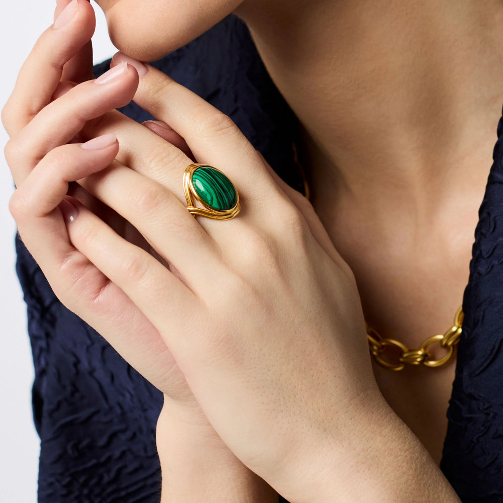 Close-up of a hand wearing a gold ring with a green stone, with a matching gold bracelet on a white background.