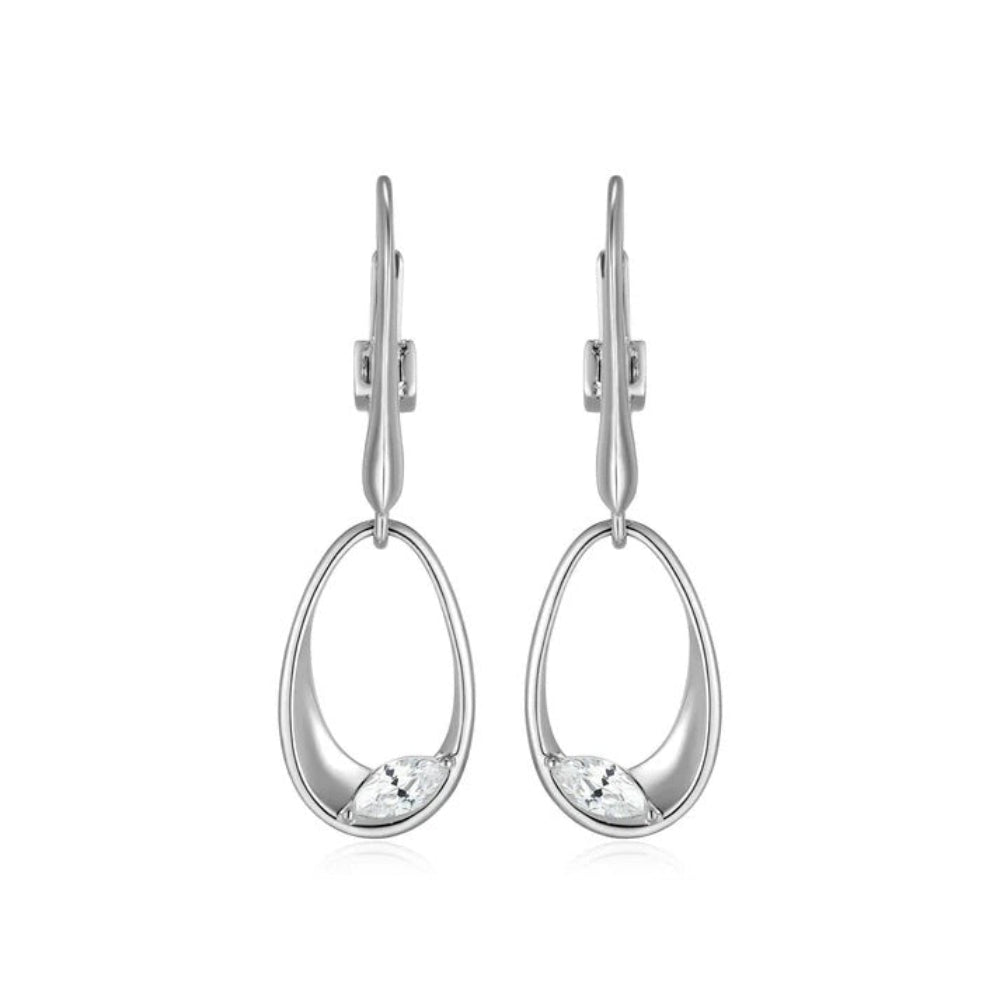 A pair of silver leverback earrings with open oval drop pendants, each featuring a small marquise-cut clear gemstone at the bottom