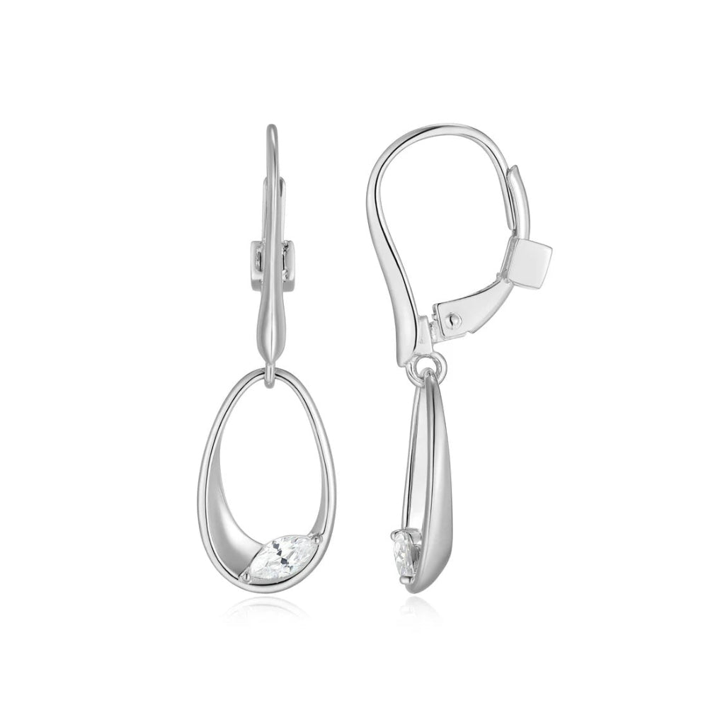 A pair of silver leverback earrings with open oval drop pendants, each featuring a small marquise-cut clear gemstone at the bottom