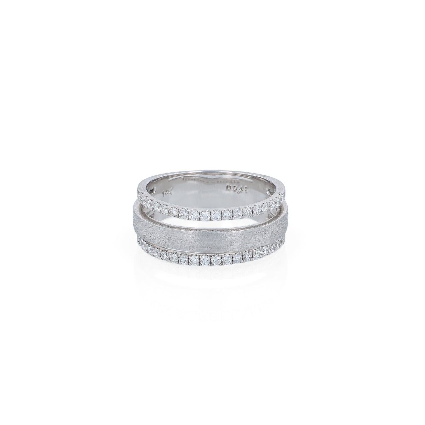 3 row brushed white gold diamond ring on a white background