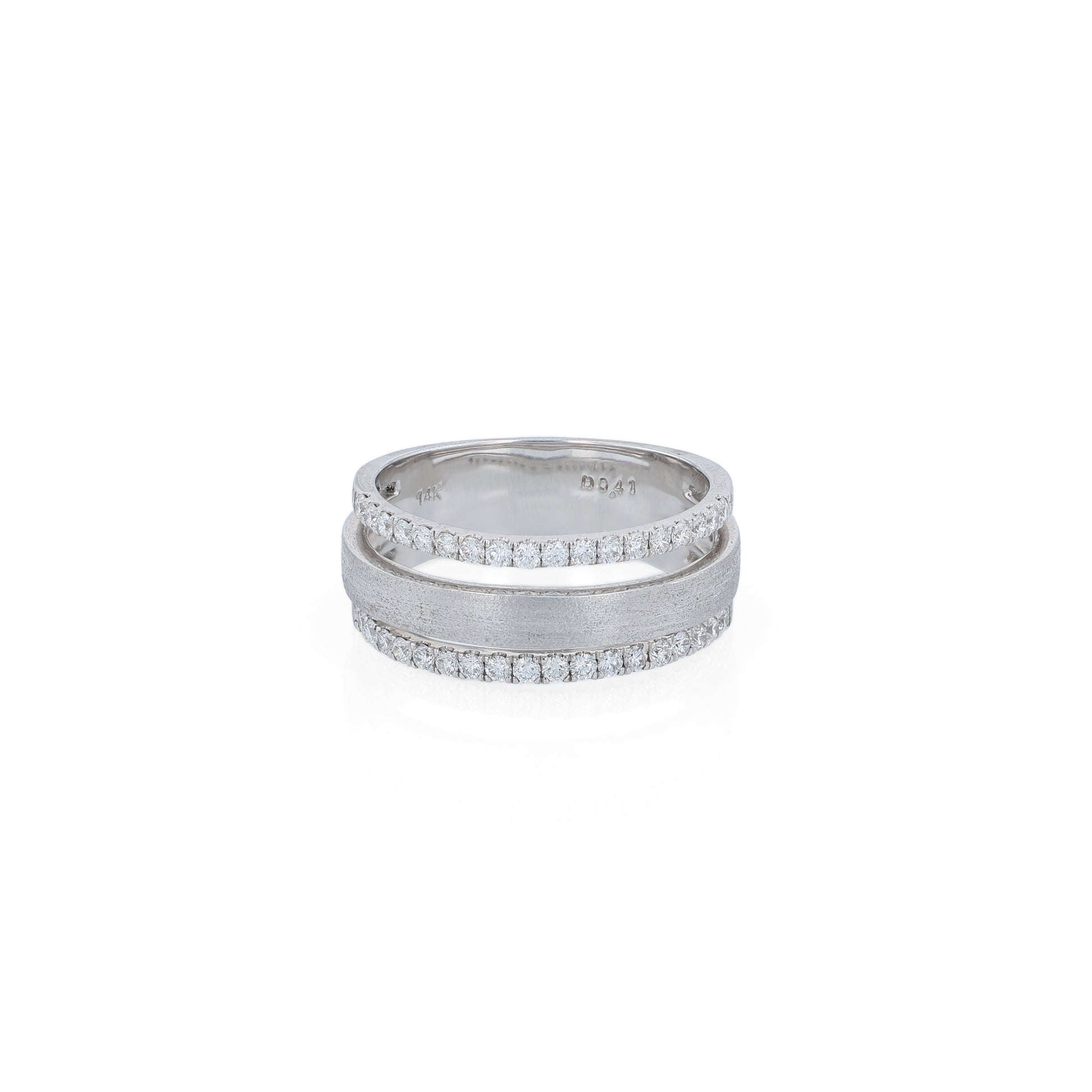 3 row brushed white gold diamond ring on a white background