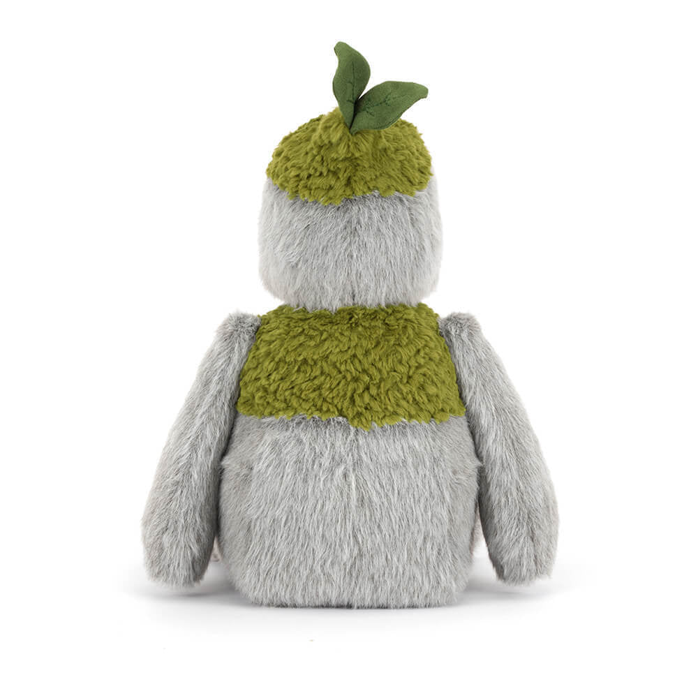 A  photo of the back of a grey & green Rocketon plush toy creature on a white background.