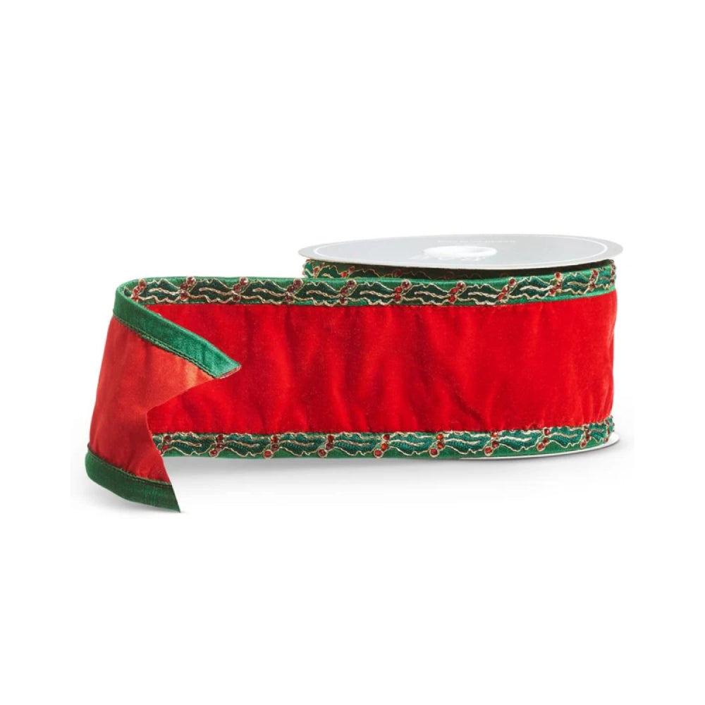 Raz Imports 4" x 10 Yds Red Velvet Ribbon with Holly Trim