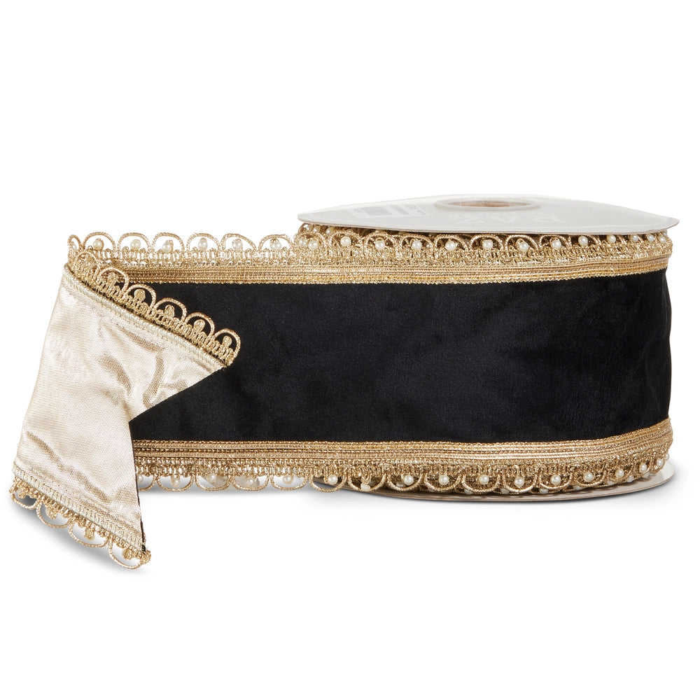 Black ribbon with gold trim on a white background