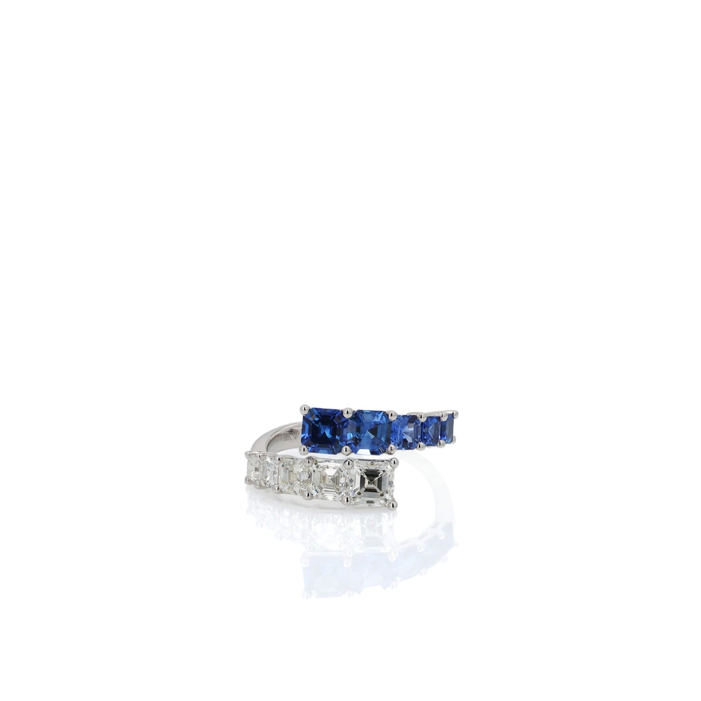 18k White Gold Graduated Square Sapphire and Diamond Bypass Ring
