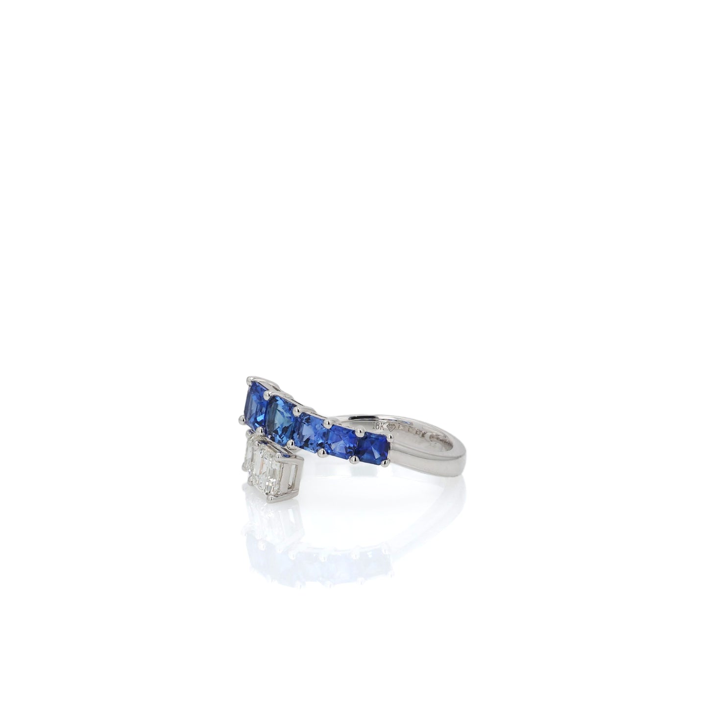 18k White Gold Graduated Square Sapphire and Diamond Bypass Ring