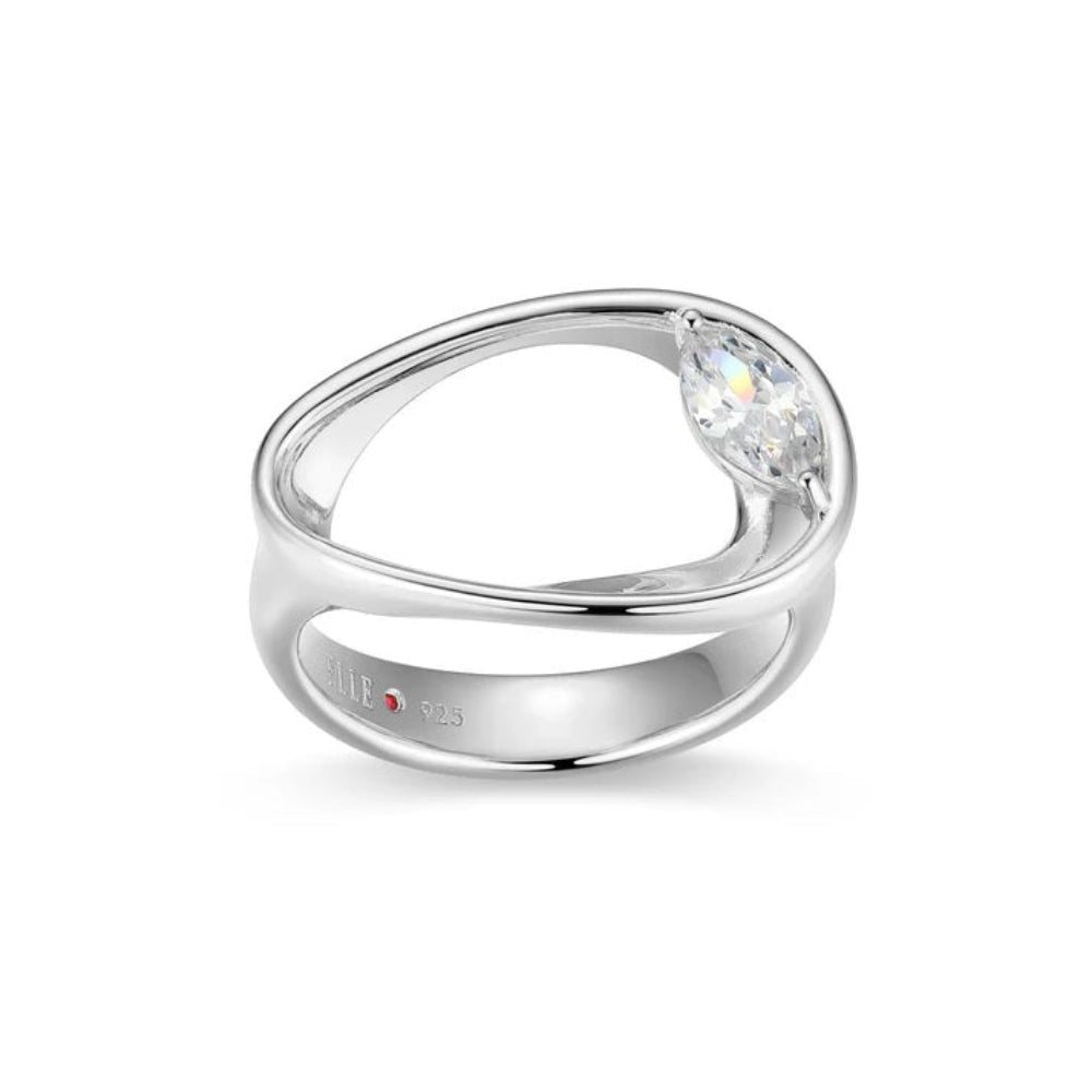 A Sterling silver  ring with a polished, organic wavy band and a marquise-cut clear gemstone in a prong setting, shown on a white background. 