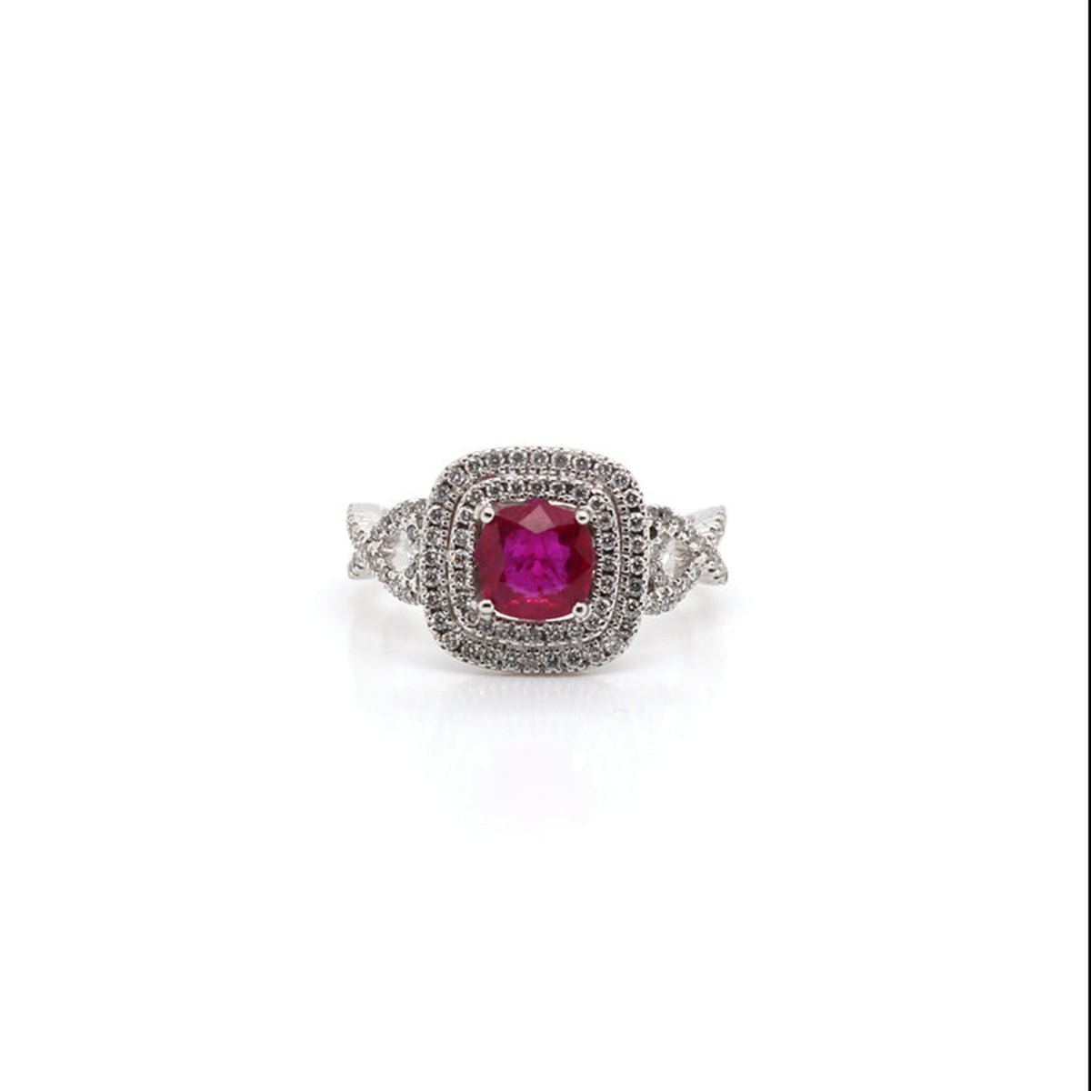 18k White Gold Infinity Twist Shank Ruby and Diamond Double Halo Ring