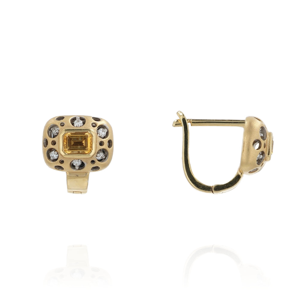 18k Yellow Gold Mirror Snapback Citrine and Diamond Hoop Earrings
