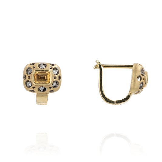 18k Yellow Gold Mirror Snapback Citrine and Diamond Hoop Earrings