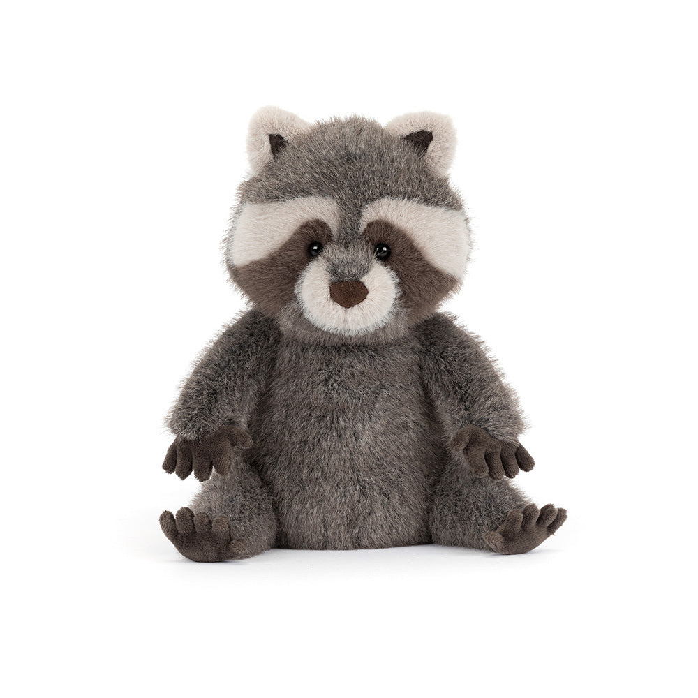 A front photo of a grey stuffed raccoon on a white background.