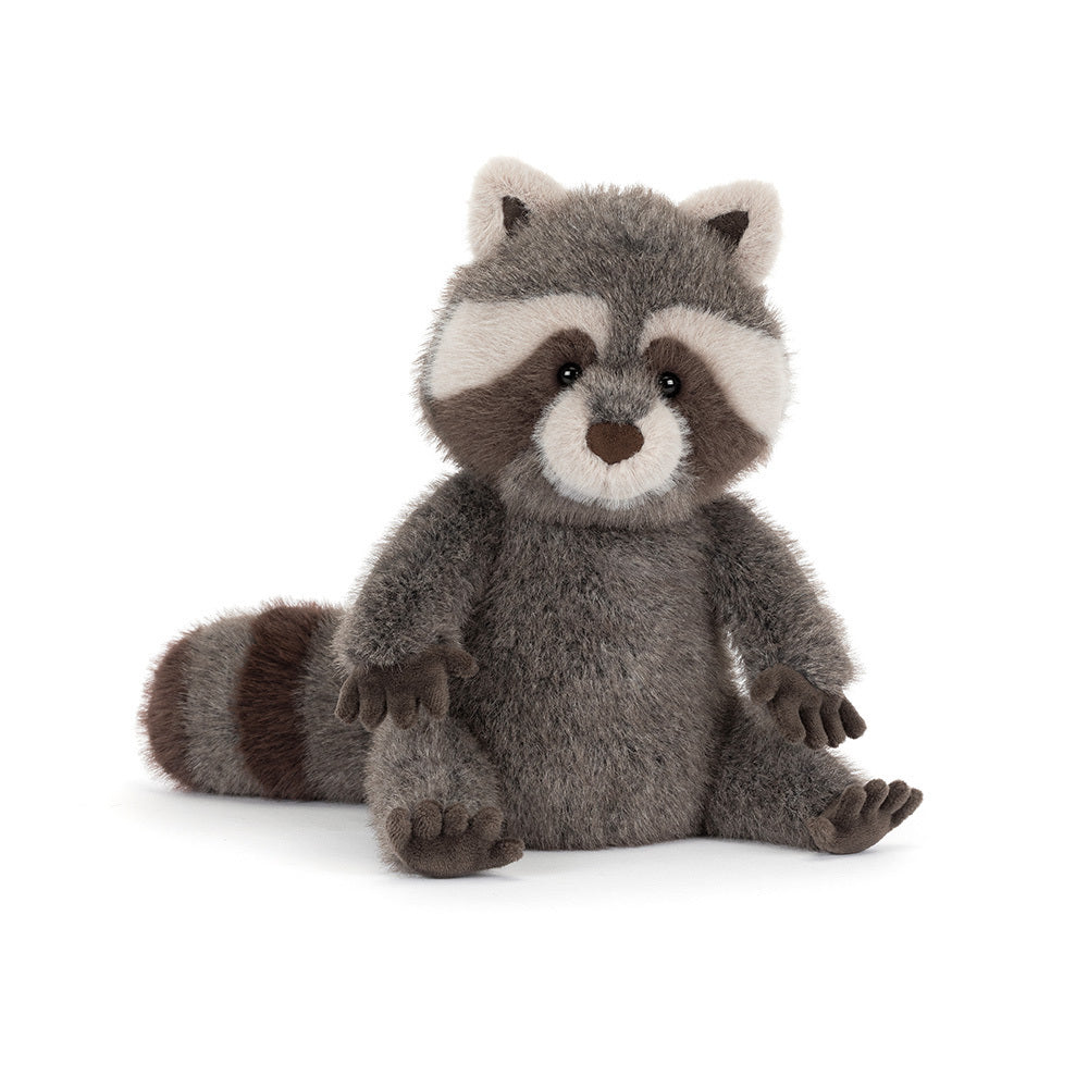 A side angled photo of a grey stuffed raccoon on a white background.