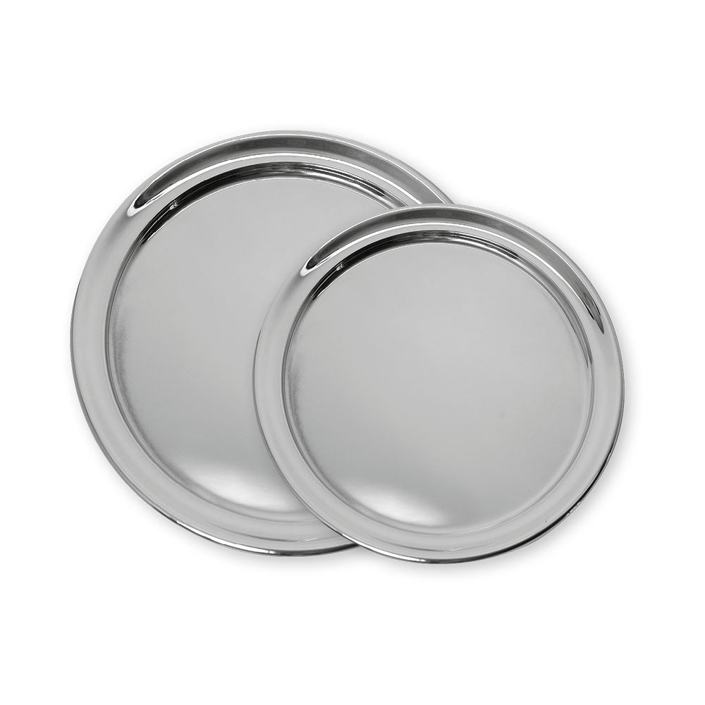 Two silver metal lids on a white background.