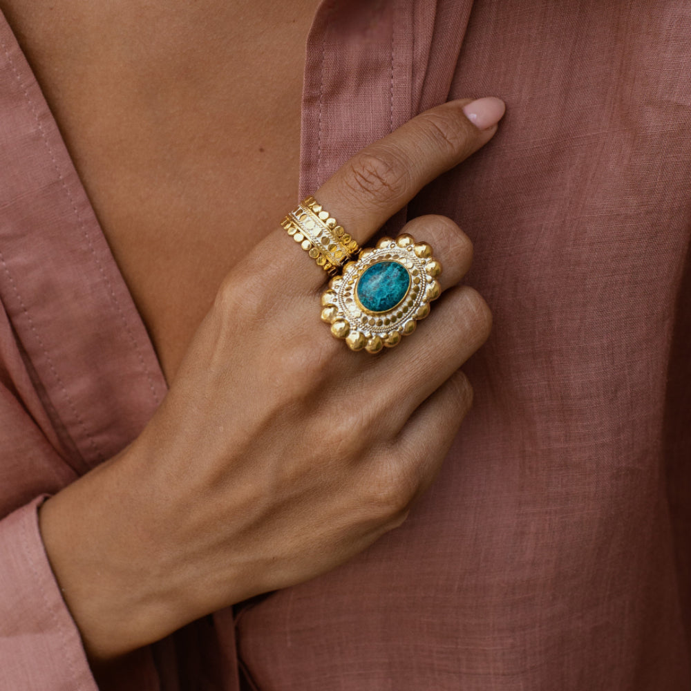Anna Beck Large Scalloped Malachite Chrysocolla Kala Ring - Gold Tone