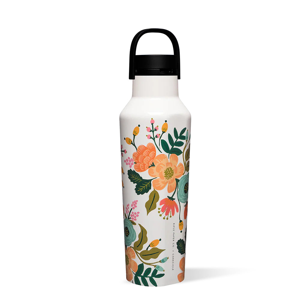 A white water bottle with a colorful floral-pattern with a black lid on a white background.