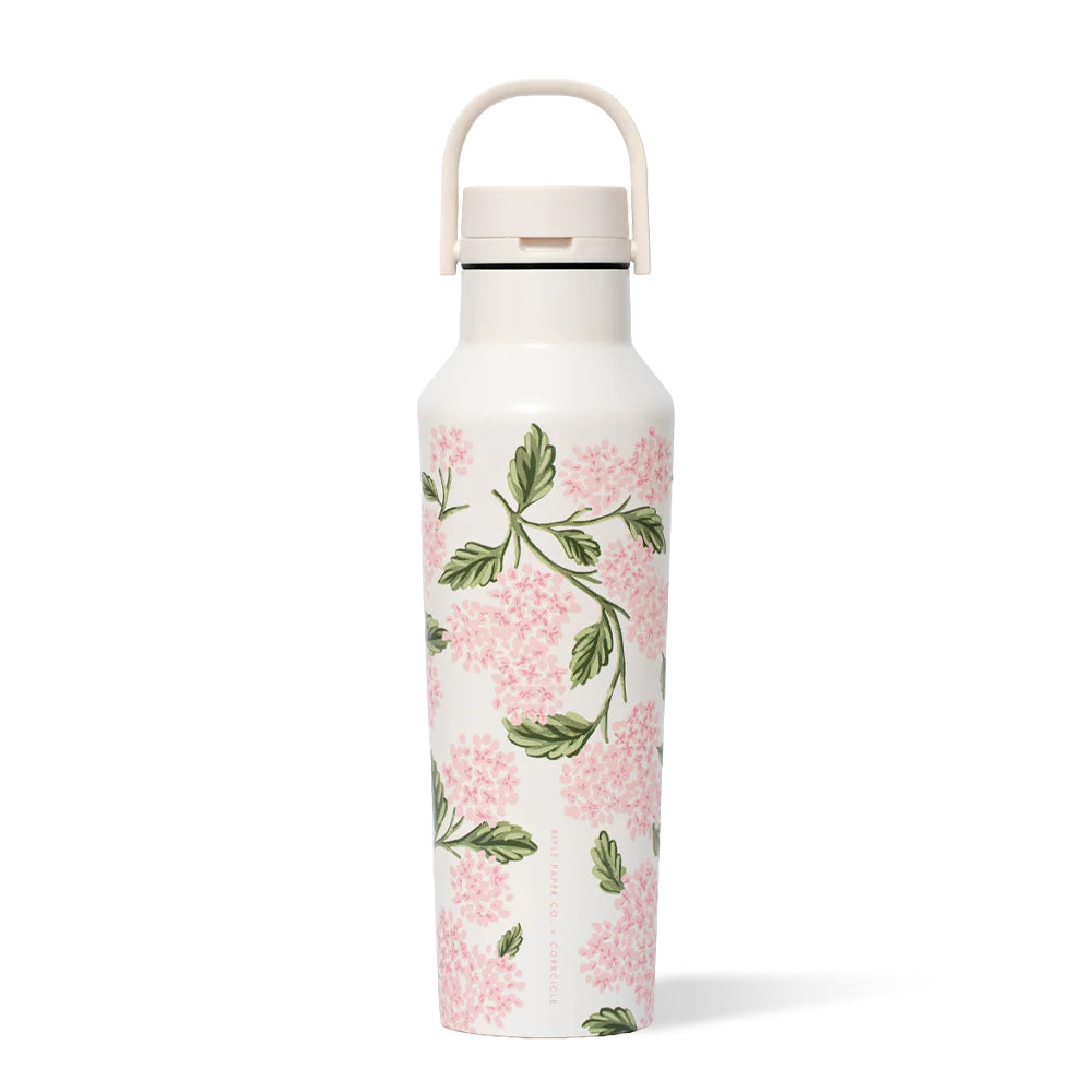 A pink cream colored water bottle with a pink floral-pattern and white lid  on a white background.