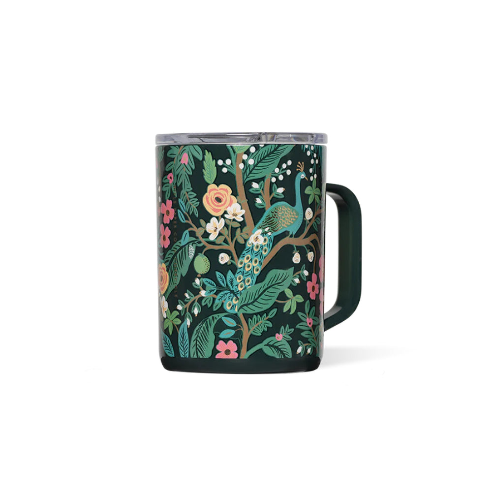 Dark green travel mug with an peacock floral design on a white background