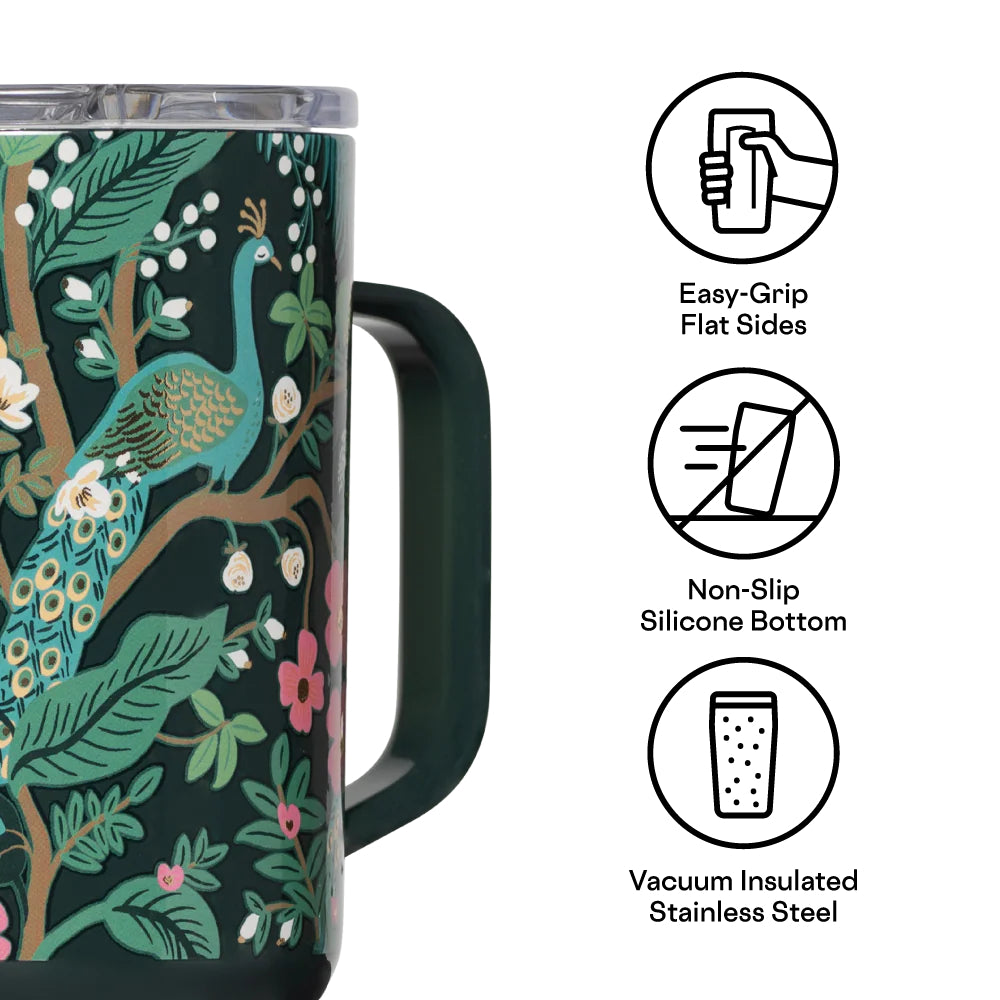 Dark green travel mug with peacock design and features listed on a white background