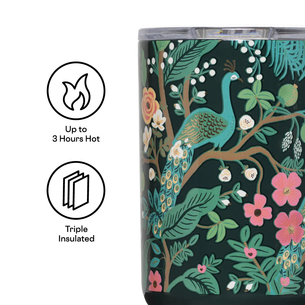 Dark green travel mug with peacock design and insulation features on a white background