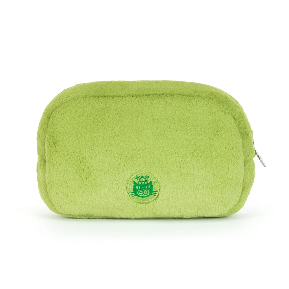 The back of a  lime green plush cosmetic pouch with a small green cat logo patch on the front, set against a plain white background.
