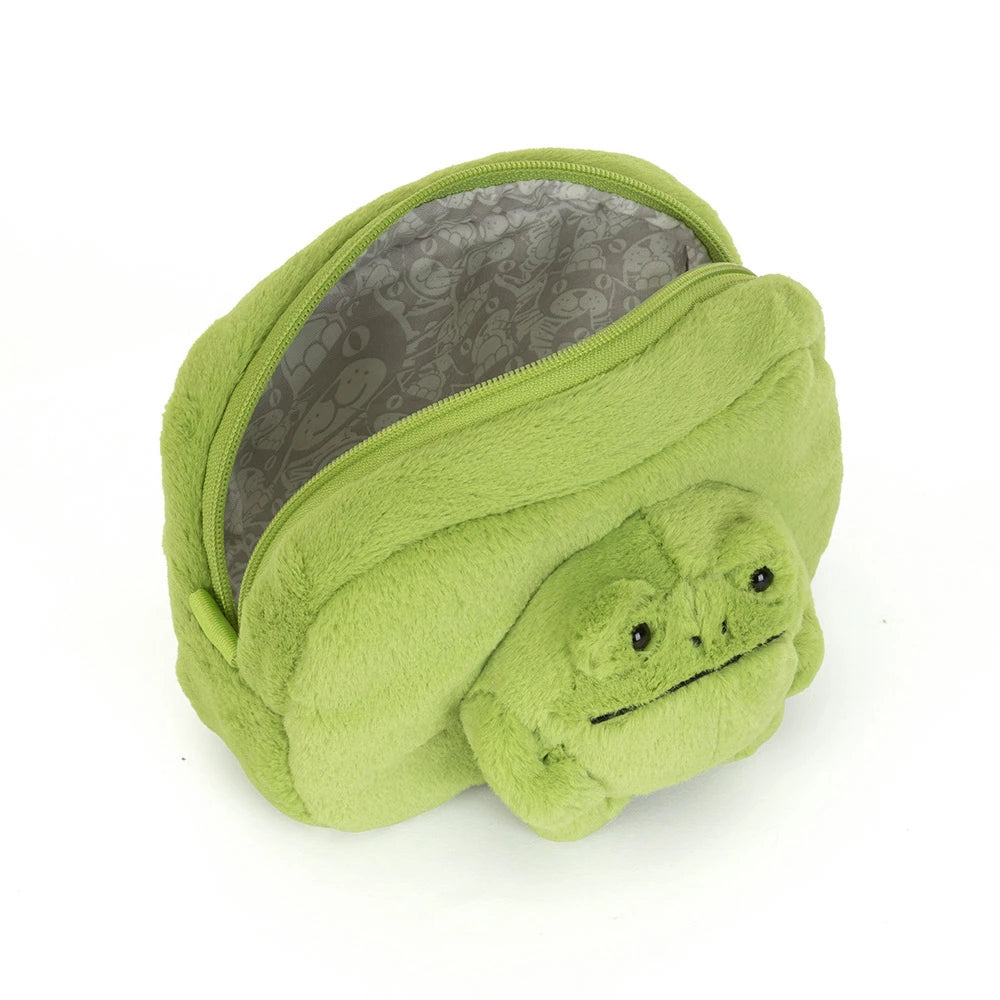 A top photo green plush frog-shaped zipper pouch with a gray patterned interior lining, shown open on a white background.
