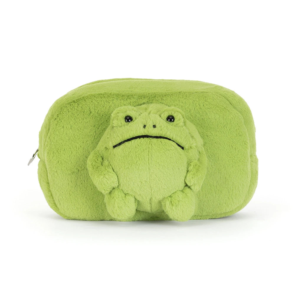 A light green plush cosmetic pouch featuring a stitched sad frog face on the front, set against a plain white background.