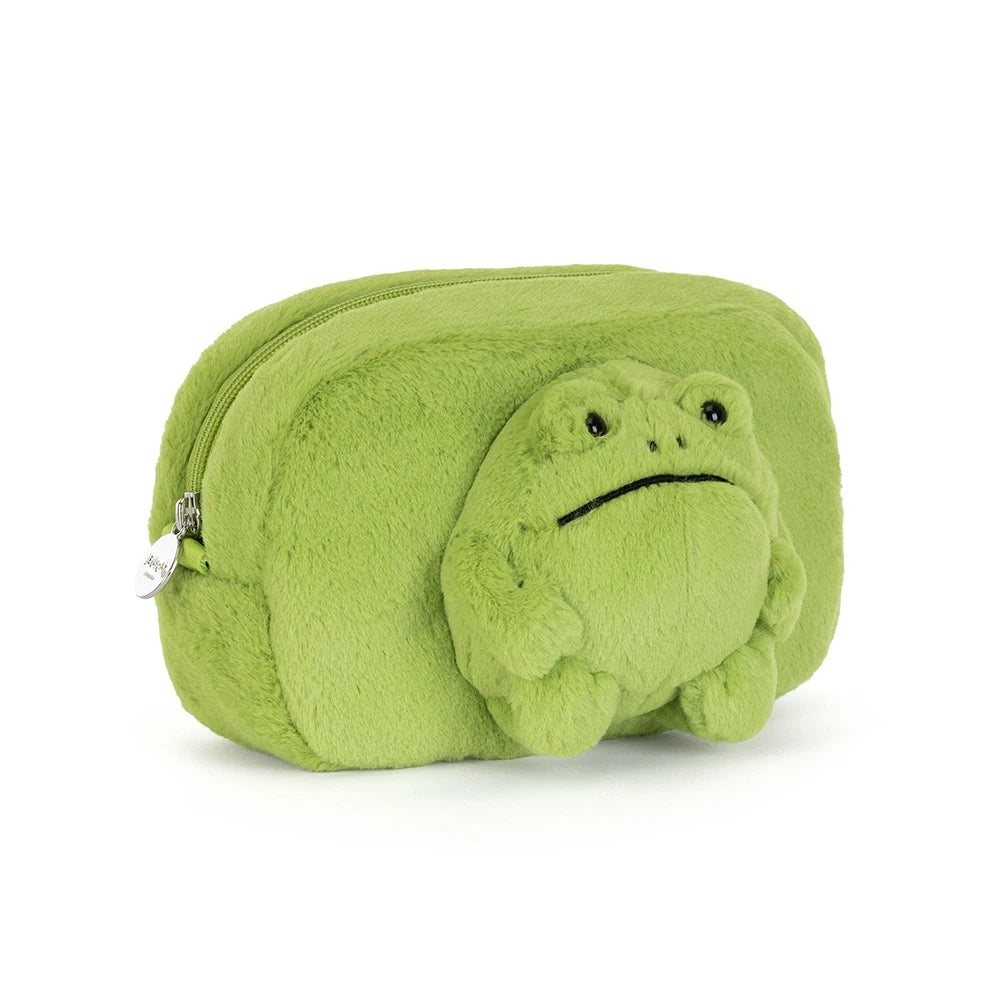 A side of a green plush cosmetic pouch with a raised frog face on the front, photographed on a clean white background.