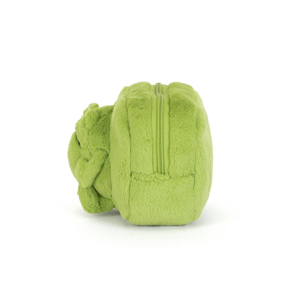 A side photo of a lime green plush pouch with a zipper closure, photographed from the back on a clean white background.