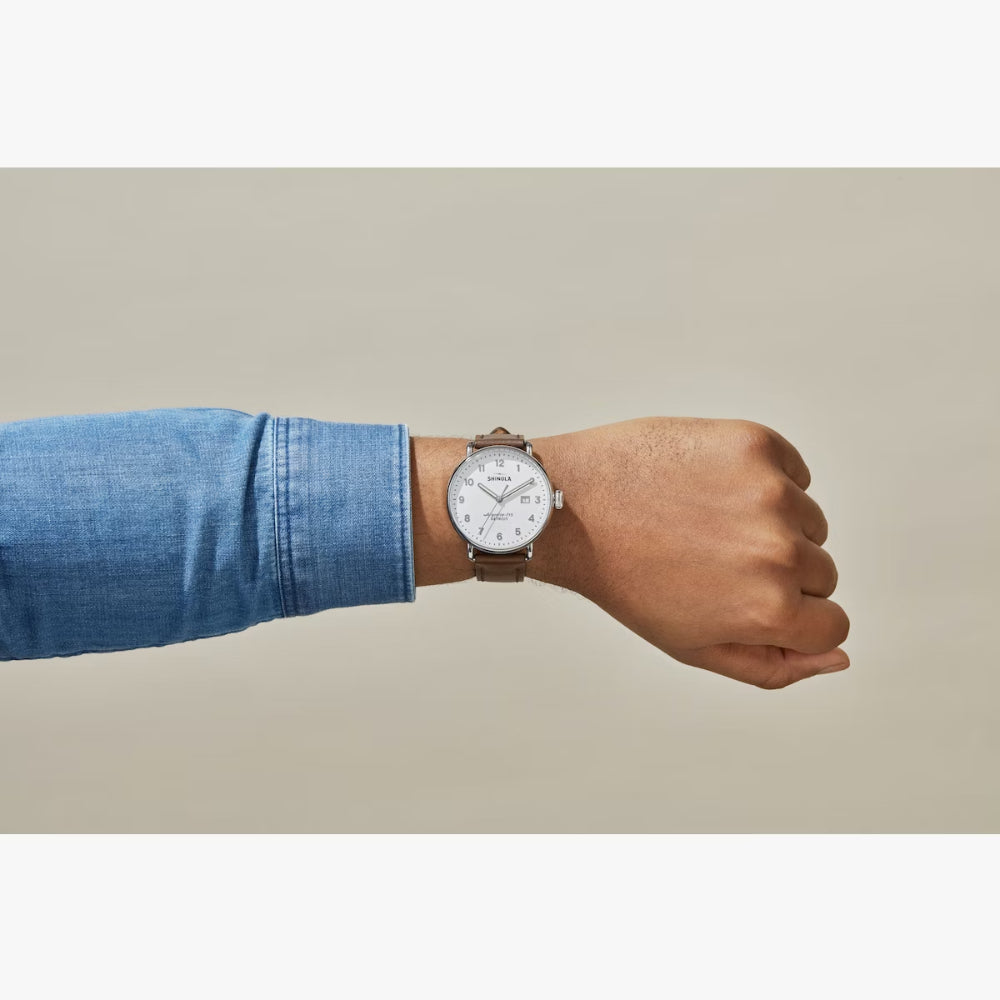 Shinola Canfield 43mm, White Dial / Brown Leather Strap