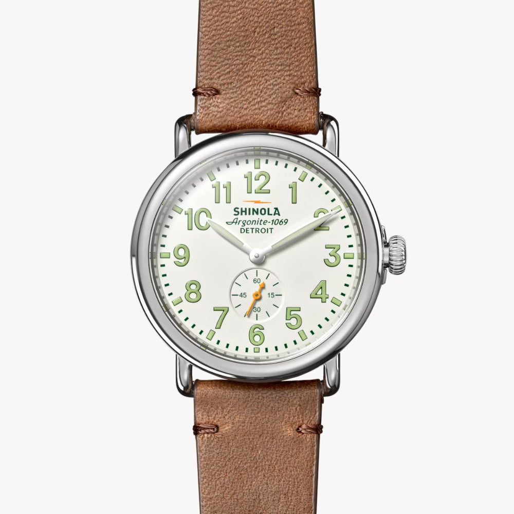 Shinola The Runwell 41mm - White Dial w/ Green Accents, Brown Leather Strap