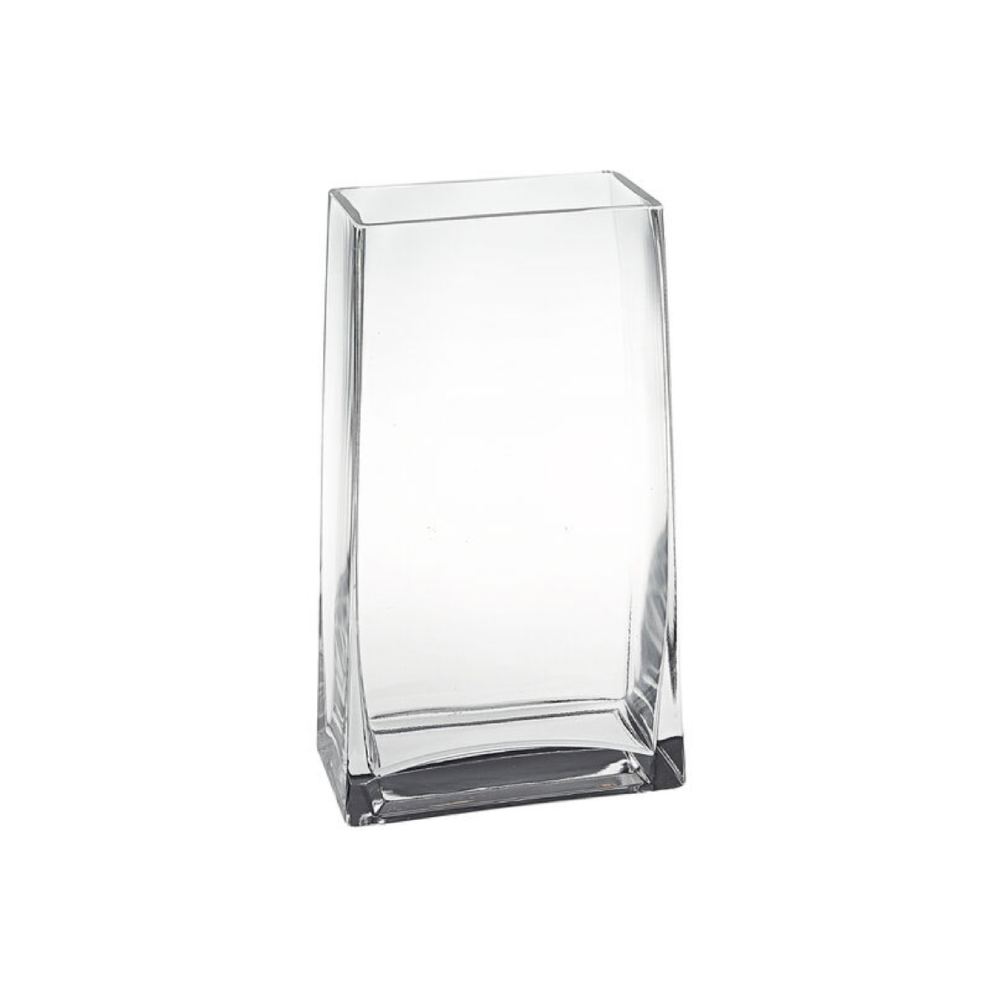 Clear 7" & 9" glass rectangular vase on a white background.