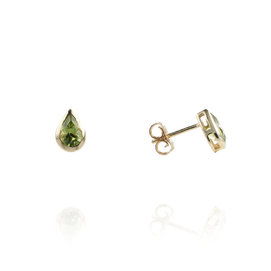 14k Yellow Gold Bezel Set Pear Shape Peridot Stud Earrings