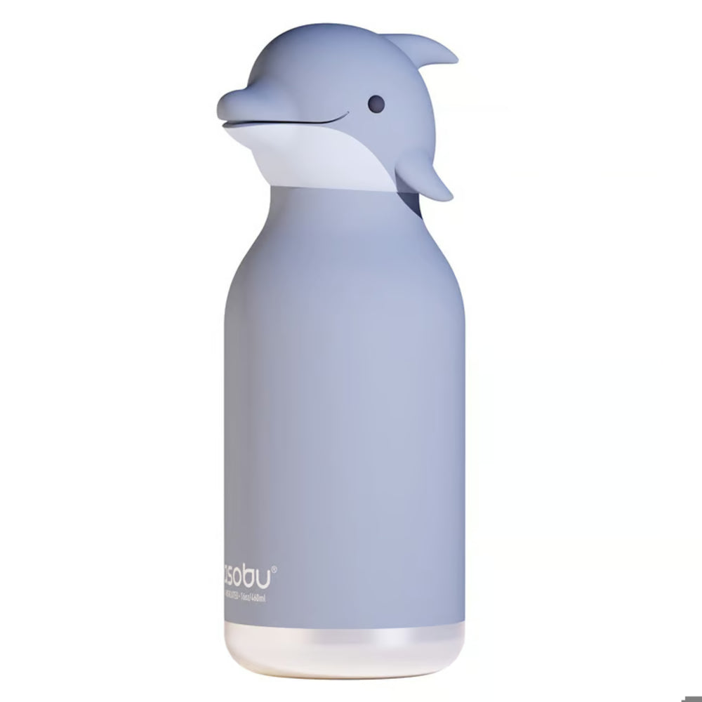 Blue dolphin-shaped bottle with a white base on a white background