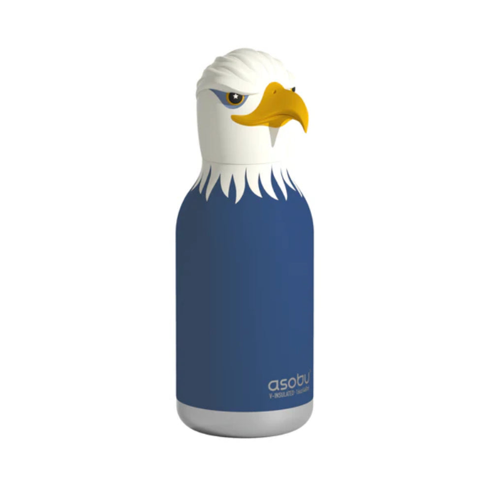 Blue water bottle with an eagle design on a white background