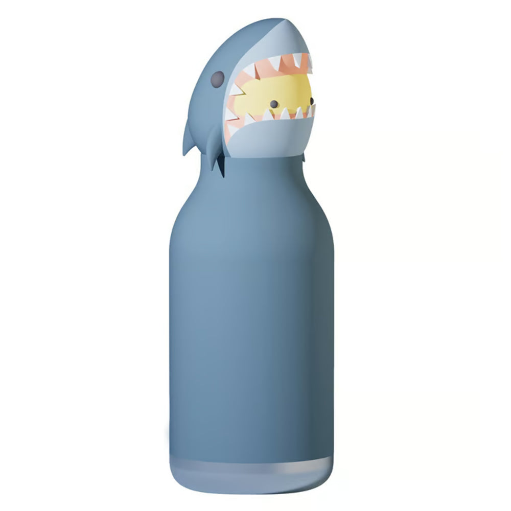 Blue water bottle with shark design on a white background