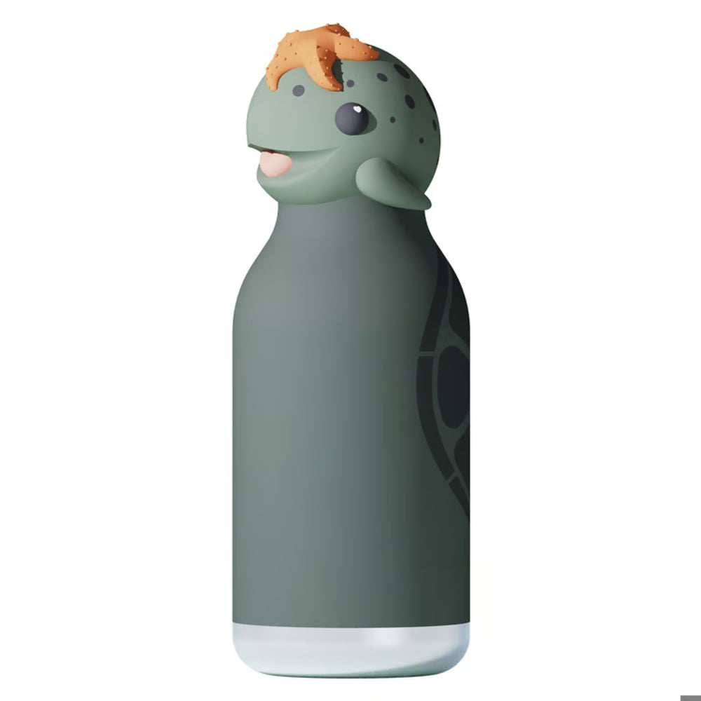 Green water bottle with a turtle design on a white background