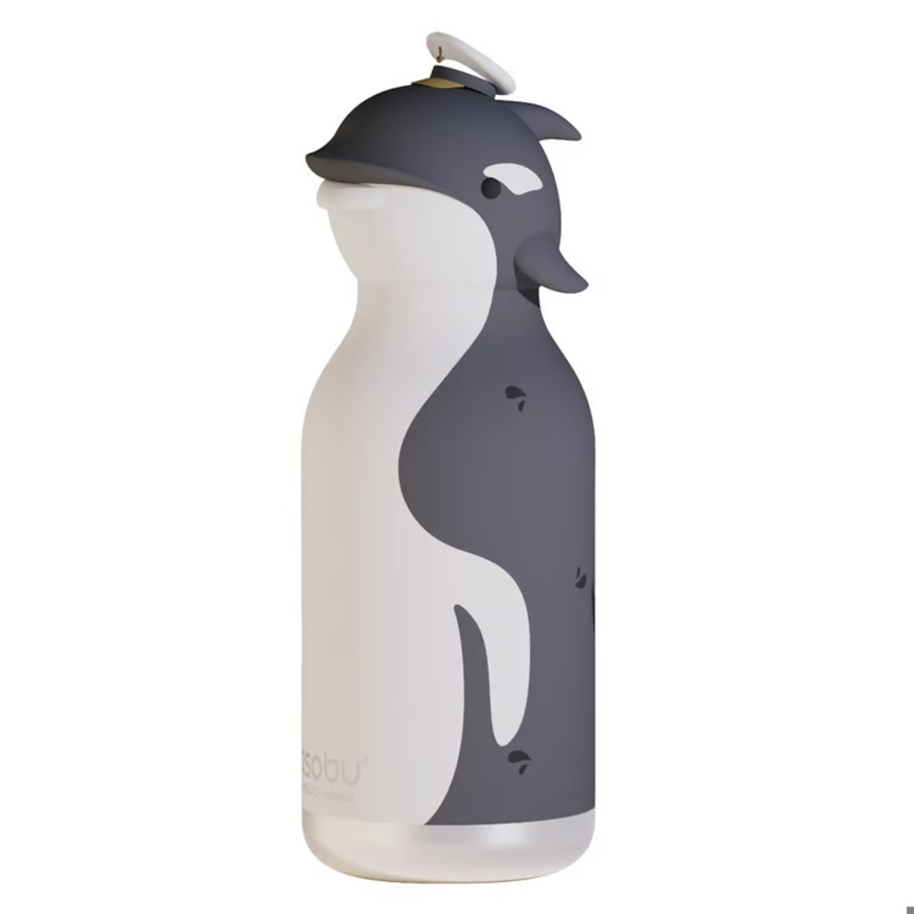 Water bottle with whale design on a white background