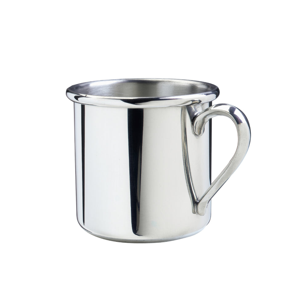Pewter silver baby cup with handle on a white background.