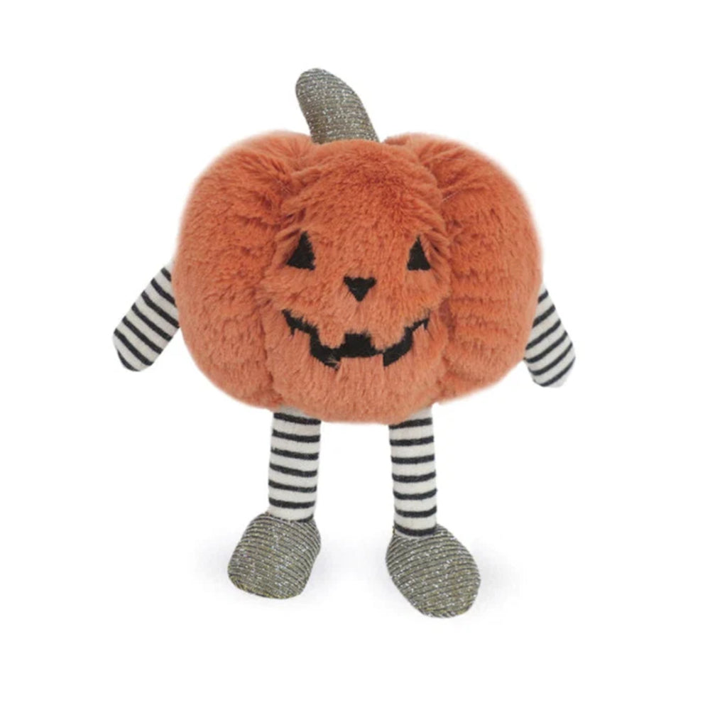 Plush toy shaped like a pumpkin with black and white striped legs on a white background