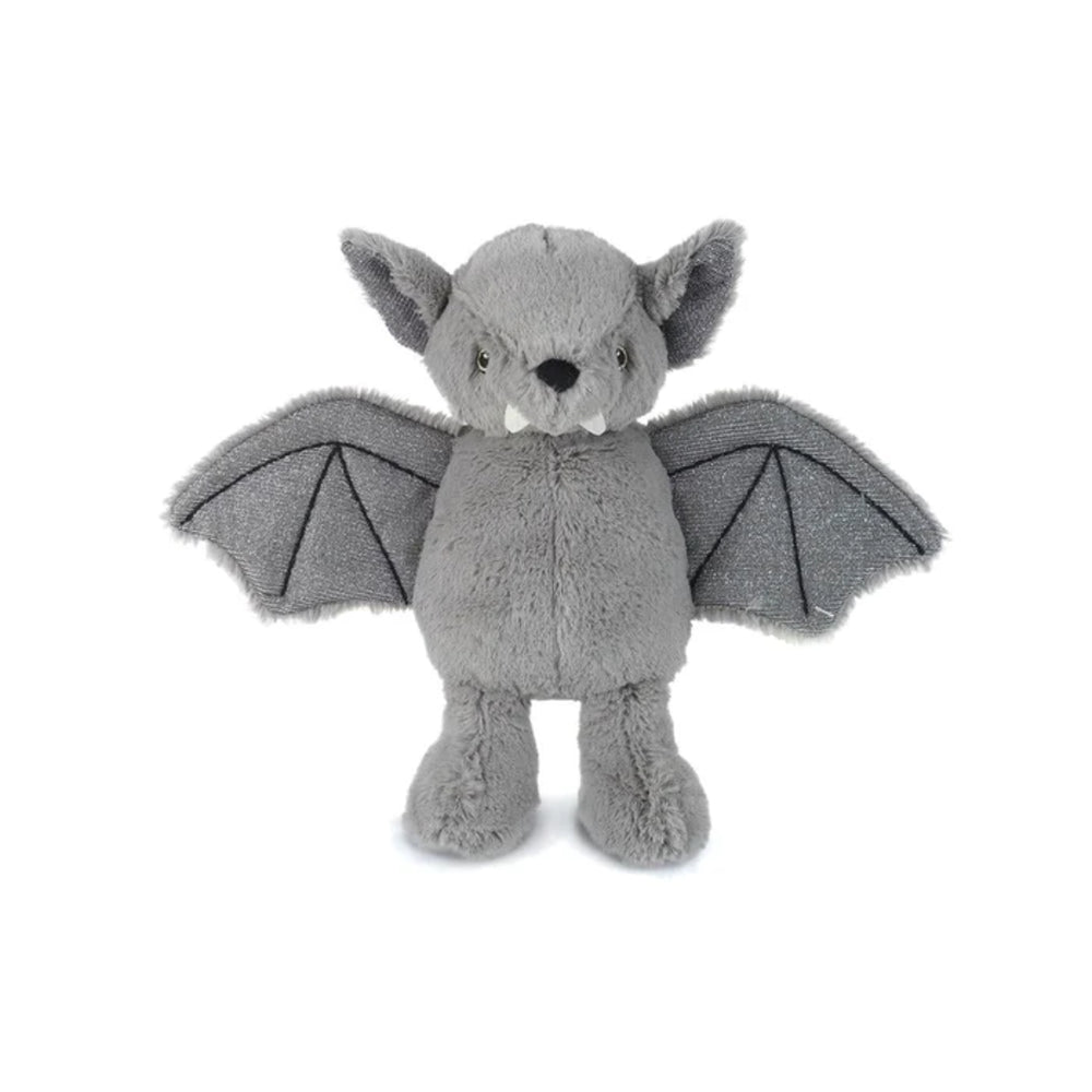 Gray plush bat toy on a white background
