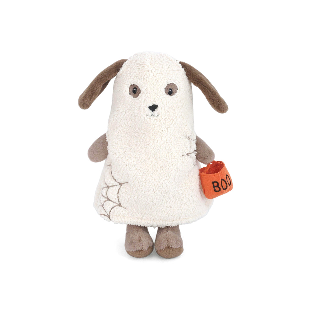 Stuffed animal dog toy with a 'BOO' bag on a white background